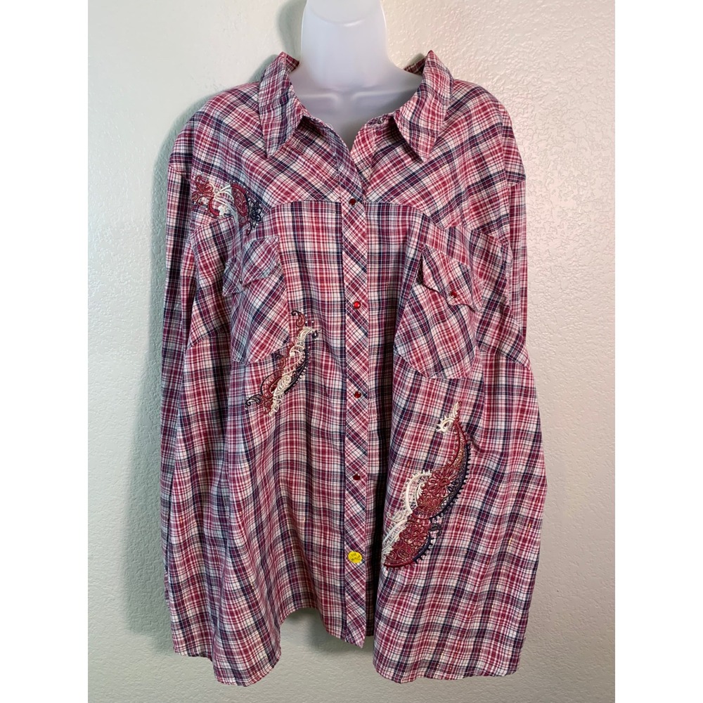 Liz & Me Catherines 4X Shirt Red Plaid Metallic Embroidery Western Pearl Snap